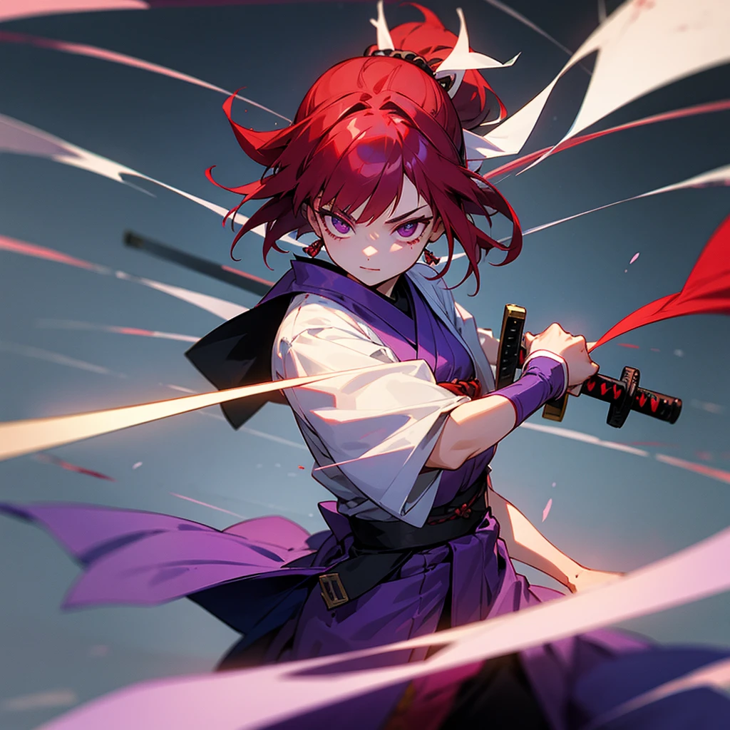 She is a young samurai with blood-red hair. and has purple eyes Surrounded by a two-colored aura. and holding a samurai sword