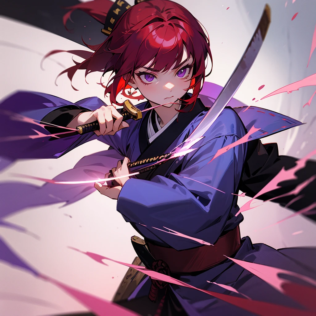 She is a young samurai with blood-red hair. and has purple eyes Surrounded by a two-colored aura. and holding a samurai sword