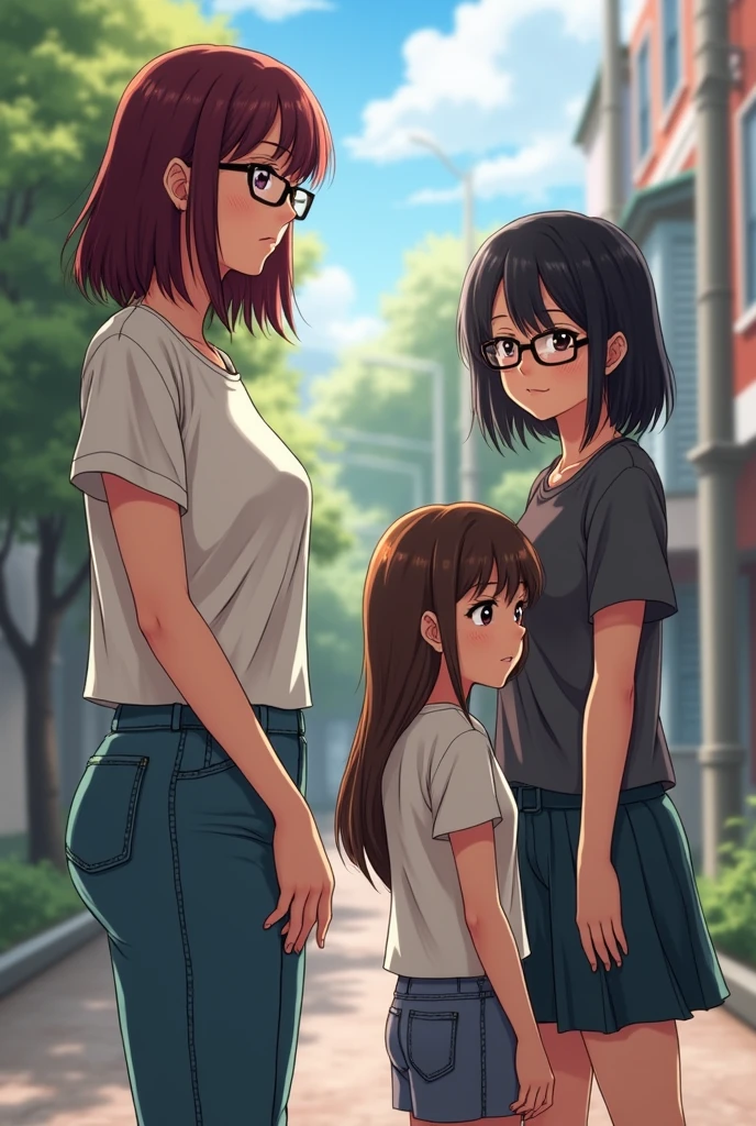 Three  girls, the first tall with shoulder-length wine-colored hair and glasses, the second girl shorter than the first with long, waist-length, dark brown hair without glasses and the same height as the second, the third with shoulder-length, black hair and glasses 