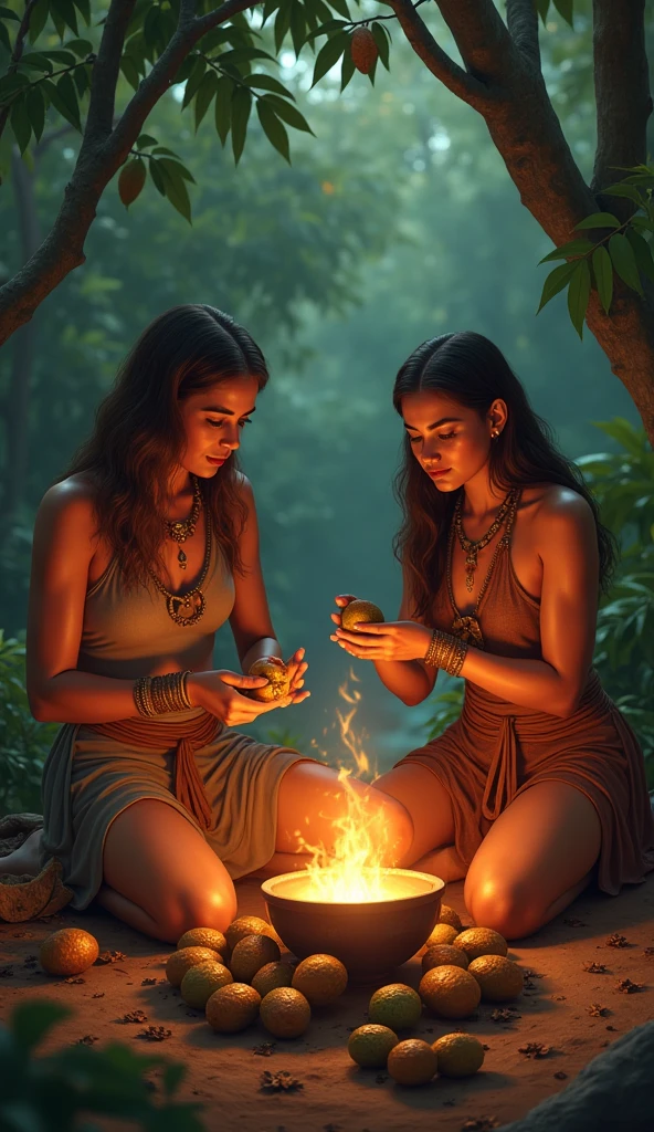 a fair-skinned woman with long straight light brown hair and another fair-skinned woman with shoulder-length wavy light brown hair, both Aztec and Mayan healers with equal importance in the ritual, in a forest around a campfire doing a cocoa ritual, one holding the cocoa fruit and the other a bowl over the fire, in the background a cocoa tree and the cocoa fruit on the ground, convey depth
