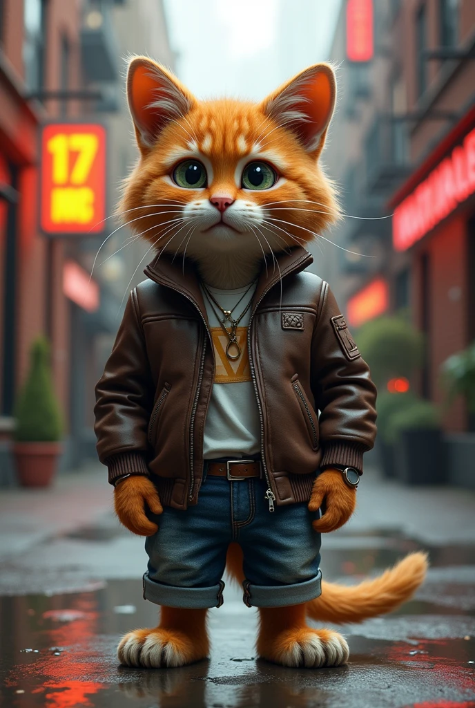 Create an ultra-realistic image of an anthropomorphic feline character. The feline should have lifelike fur with intricate details, capturing the texture and natural patterns of a real cat. The character stands upright, combining human and feline features seamlessly, with expressive, intelligent eyes and a realistic muzzle. Its fur should have natural colors, like tawny browns, deep oranges, or sleek grays, with subtle shading that enhances the three-dimensional effect.
The feline is dressed in modern, stylish clothing—perhaps a leather jacket with a slight sheen, jeans with realistic fabric textures, and accessories like a wristwatch or sunglasses. The background is a detailed urban environment, with elements like brick walls, neon signs, and reflections in puddles, all rendered with hyperrealistic detail. The overall mood of the image should be a mix of cool and slightly humorous, with the feline character exuding charisma and a hint of mischief.
Lighting is soft but dynamic, with shadows that add depth and realism to the scene, making the character and environment feel tangible and alive. The focus should be on capturing every tiny detail, from the fur’s individual strands to the subtle creases in the clothing, creating a stunning, lifelike portrayal of this anthropomorphic feline