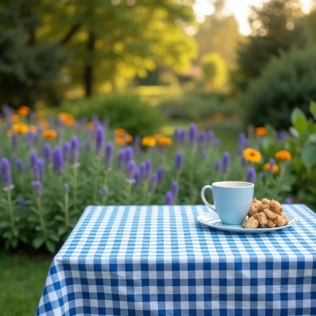 Garden table in foreground with blue checkered tablecloth