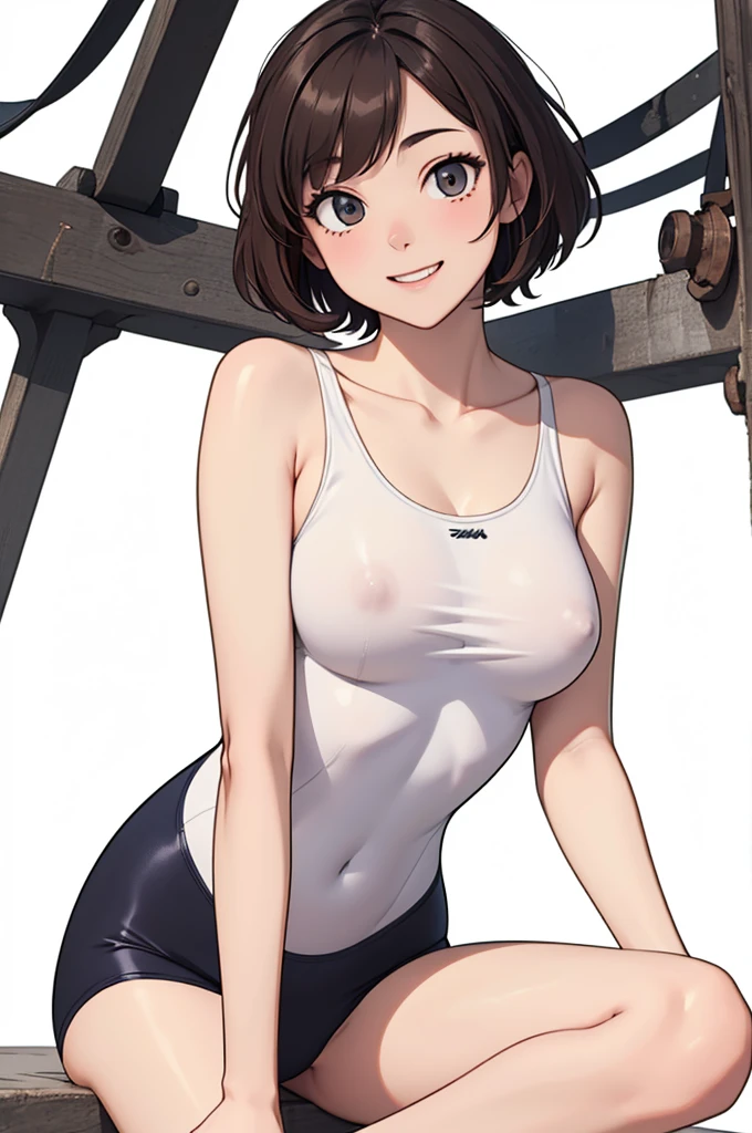 (((masterpiece, best quality, ultra highres, 1 girl, solo, white background))), super detailed skin and face and eyes and finger, cute japanese woman, small breasts, skinny, light brown hair, very short hair, knee shot, white background, 2D anime, boyish, expressionless, cartoon,  Various poses, Please draw the entire character within the frame, ensuring that the head, arms and legs are not cut off, with the character positioned centrally, smile showing teeth, nipples, female genitals visible through tight clothing, Sheer clothes, white one-piece swimsuit, sitting,