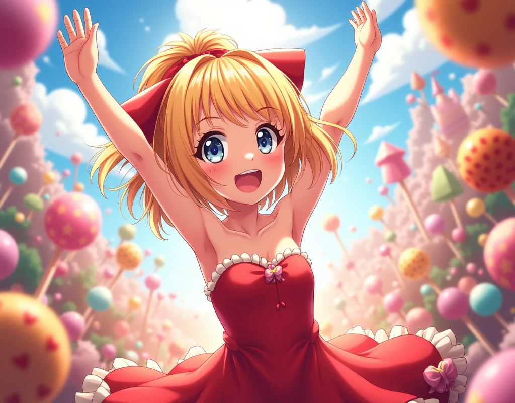 anime girl, blonde, strapless red dress, sleeveless, looking at sweets and candies, fantasy world, cheerful, arms raised up, exposed armpits.