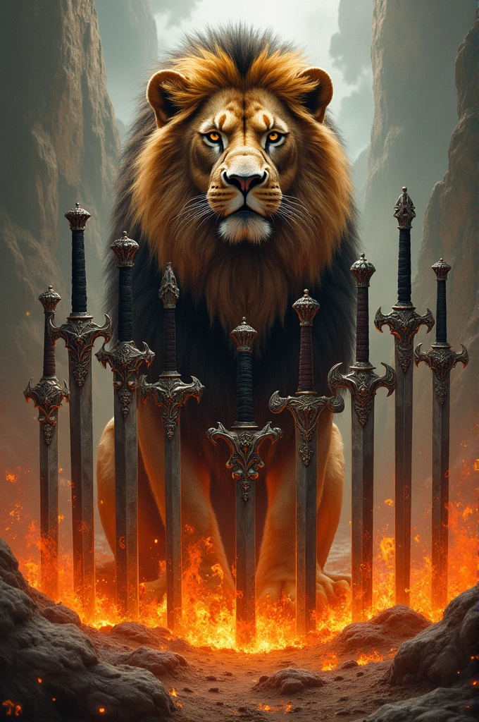 Lion in the background, weapons in the front and flames below