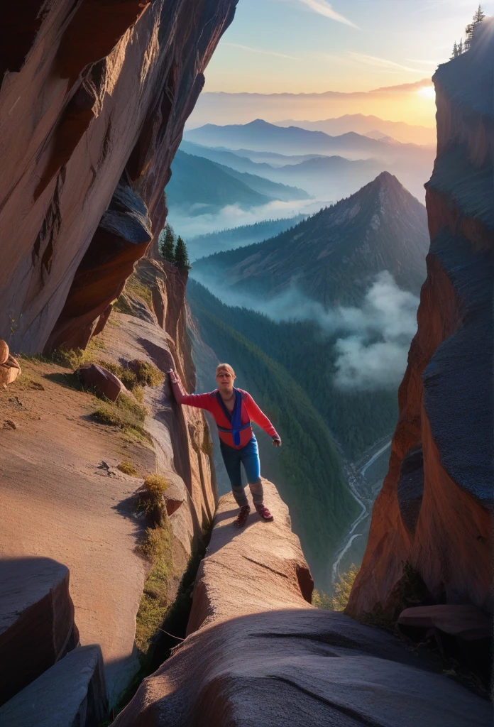 Hyperrealistic art score_9, score_8_up, score_7_up, (photorealistic:1.4), wide angle, mountain cliff, climber, climbing, grabbing ledge,closeup, very detailed, DRAMATIC LIGHTING, fog . Extremely high-resolution details, photographic, realism pushed to extreme, fine texture, incredibly lifelike
