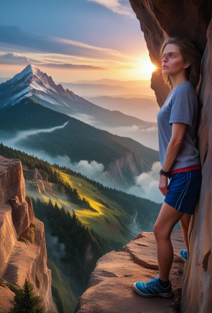 Hyperrealistic art score_9, score_8_up, score_7_up, (photorealistic:1.4), wide angle, mountain cliff, climber, climbing, grabbing ledge,closeup, very detailed, DRAMATIC LIGHTING, fog . Extremely high-resolution details, photographic, realism pushed to extreme, fine texture, incredibly lifelike