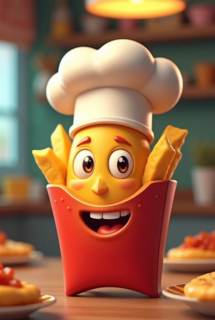 A smiling french fry with an animated chef hat