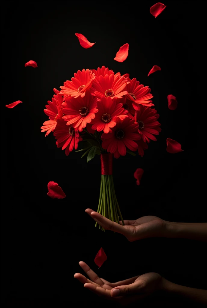 Use a black background, for a strong contrast. - *Central Element:* Draw a large bouquet of red flowers in the center, but instead of being held by someone, make the flowers look like they are floating, as if they were gently falling from the top. Flowers may be detailed in red, with white stems and leaves. - *Additional Details:* around the bouquet, You can add small red petals that come off and fall to the bottom of the separator. This way, Red will be the protagonist, while the black background will enhance elegance and simplicity. in Mexican style but there are more things in the background that make the work of "offering flowers" by carmen lomas garza with some hands