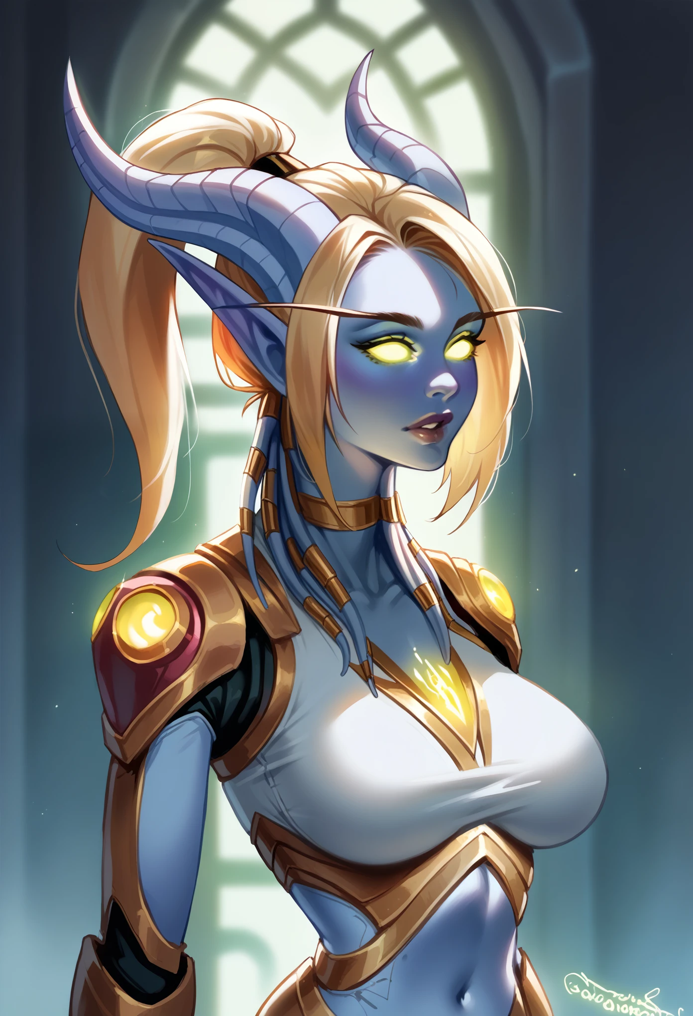 A hybrid draenei bloodelf woman with long pointy ears and draenei horns, large breasts, long tail, narrow waist, wide hips, cyborg body part with liquid armor, glowing gold eyes, gold tinted skin, gold hair, facial tattoos, gold necklace and pendant, gold choker, gold tiara, long high ponytail hair, cyborg arms and chest, draenei jewelry over the body, sci-fi, intricate details, hyper realistic, cinematic lighting, dark fantasy, chiaroscuro,volumetric lighting,glowing energy,photorealistic,8k,best quality,masterpiece, very detailed face, long legs