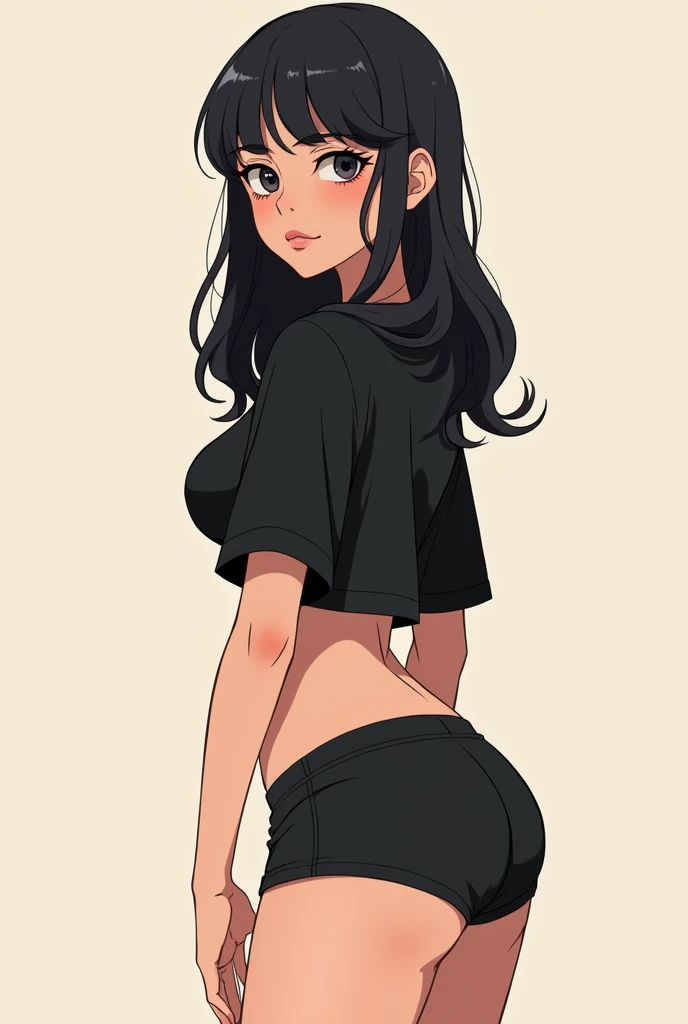 an animated drawing woman with bangs that cover her jaw and also long semi-wavy hair, perfect waist, her height 1.50 and tired eyes and a slight blush and big breasts with black clothes and a pair of shorts and black shoes as a profile picture to use