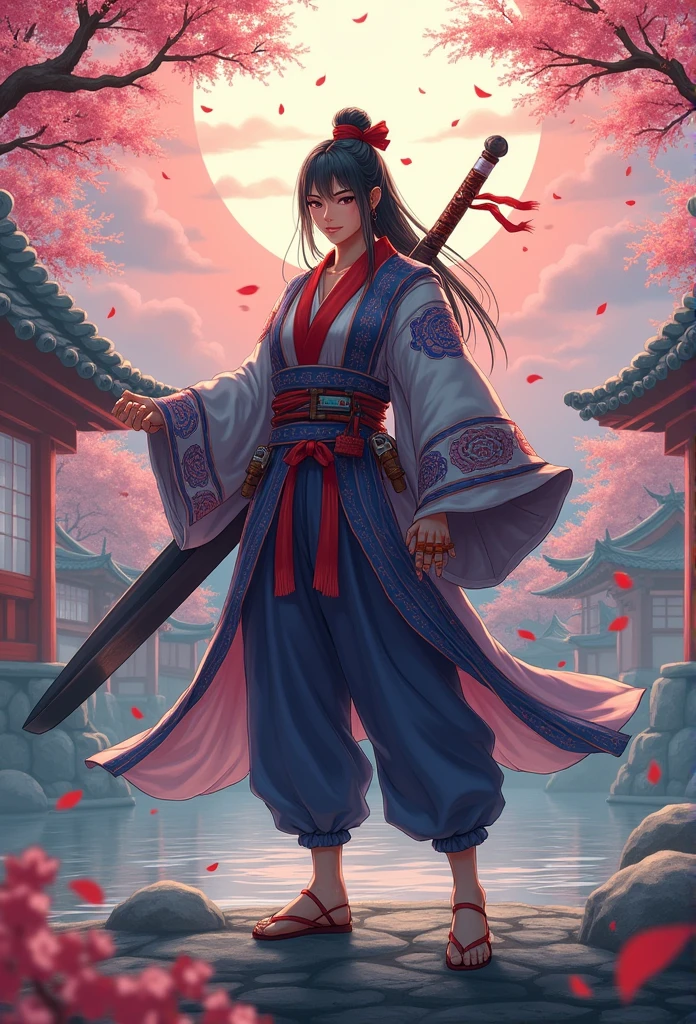Designing a character selection screen for a fighting game., ancient japan, presenting a seamless transition between characters, vibrant color schemes, and dynamic backgrounds, gaming website design