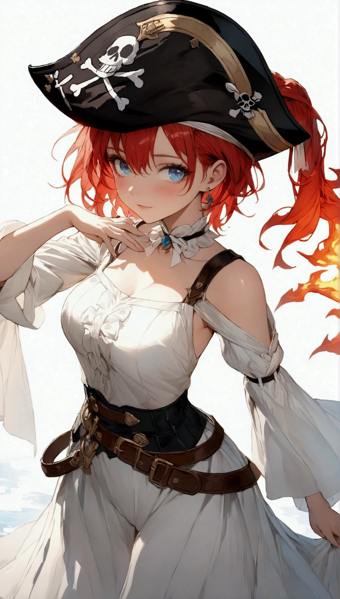 (Masterpiece. The best quality. 8K. Sharp focus. Depth of field, The best shadows. Perfect lighting. HDR. Realistic skin texture. Ultra-detailed background. Detailing, white wallpaper, pgn format). Anime style. Honkai: Star Rail. March 7. 1 girl. Fiery red hair, short hair. Azure blue eyes, beautiful eyes, beautiful eyes, expressive eyes. Beautiful nose, perfect facial features. Perfect anatomical body, slender figure, second size breasts, beautiful breasts, thin waist, rounded hips, beautiful long legs. Pirate hat, white blouse, pirate pants, Uniform cloak, shoulder straps with the Jolly Roger, knee-high boots, wide belt at the waist. Saber in the right hand. Musket in the left hand. Feet shoulder-width apart. Standing at full height. Concept art. Looking at the viewer. Full height. Full body.