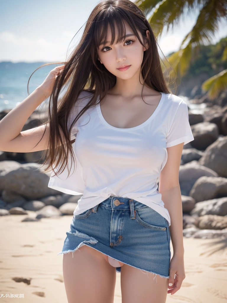 8k,Highest quality, Tabletop, Ultra-detailed, 超High resolution, Realistic, RAW Photos, Absurd, The absolute solution, One Girl, whole body, View your viewers,Young and beautiful woman in Japan, Super cute face, Attractive person, Large Breasts,Long Bob Hair,smile, (White T-shirt and micro denim mini skirt:1.3),No underwear,Gravure pose on a beautiful beach ,Glossy Lips, 美しいAttention to detail目,Double eyelids on both eyes, Natural Makeup, Shiny, smooth, long light brown hair, Asymmetrical bangs, Glowing Skin, (Glowing Skin,Sweaty:1.3),Center image, High resolution, Attention to detail, Detailed hairstyle, Detailed face, Great cinema lighting, Octane Rendering, Vibrant, Ultra-realistic, Perfect limbs, Perfect Anatomy, Spread your legs,Provocative dynamic pose,Skirt flip,(no panties),nsfw,(spread pussy:1.5)