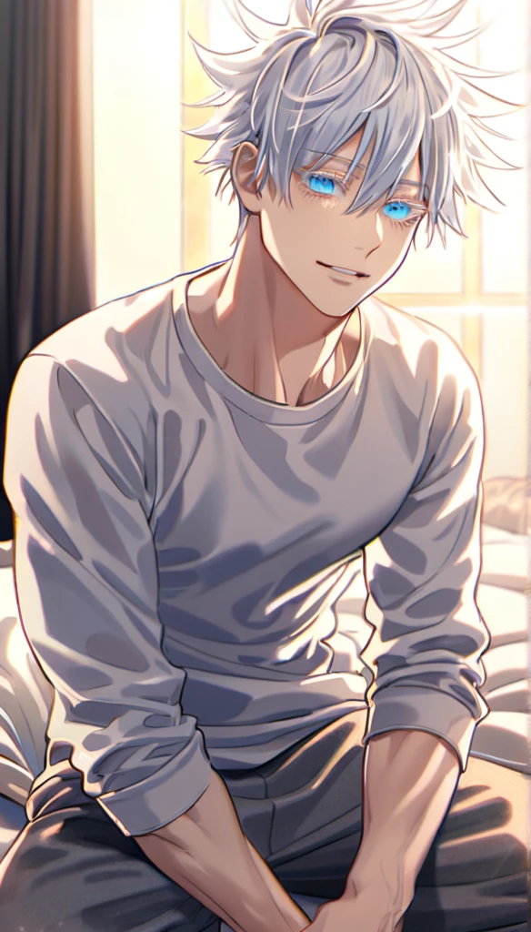 absurdres, highres, ultra detailed, HDR, master piece, Gojou Satoru, white hair with bangs, white eyelashes, colored eyelashes, expressive blue eyes, hair between the eyes, white long sleeve top, gray training pants, Jujutsu Kaisen, sexy man sitting, bedroom, muscular, handsome, best quality, solo, romantic lighting, handsome smile, horny, sensual