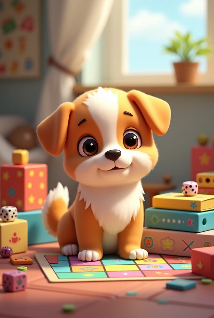 Cute dog with board games in animated version