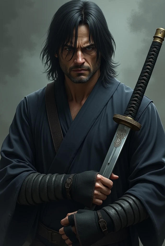 create me a 30 year old man, tired look, dark countenance, medium straight black hair with a katana and gloves