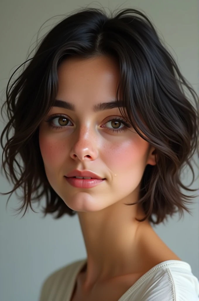 A 39-year-old Brazilian woman with short hair and pretty but not that pretty