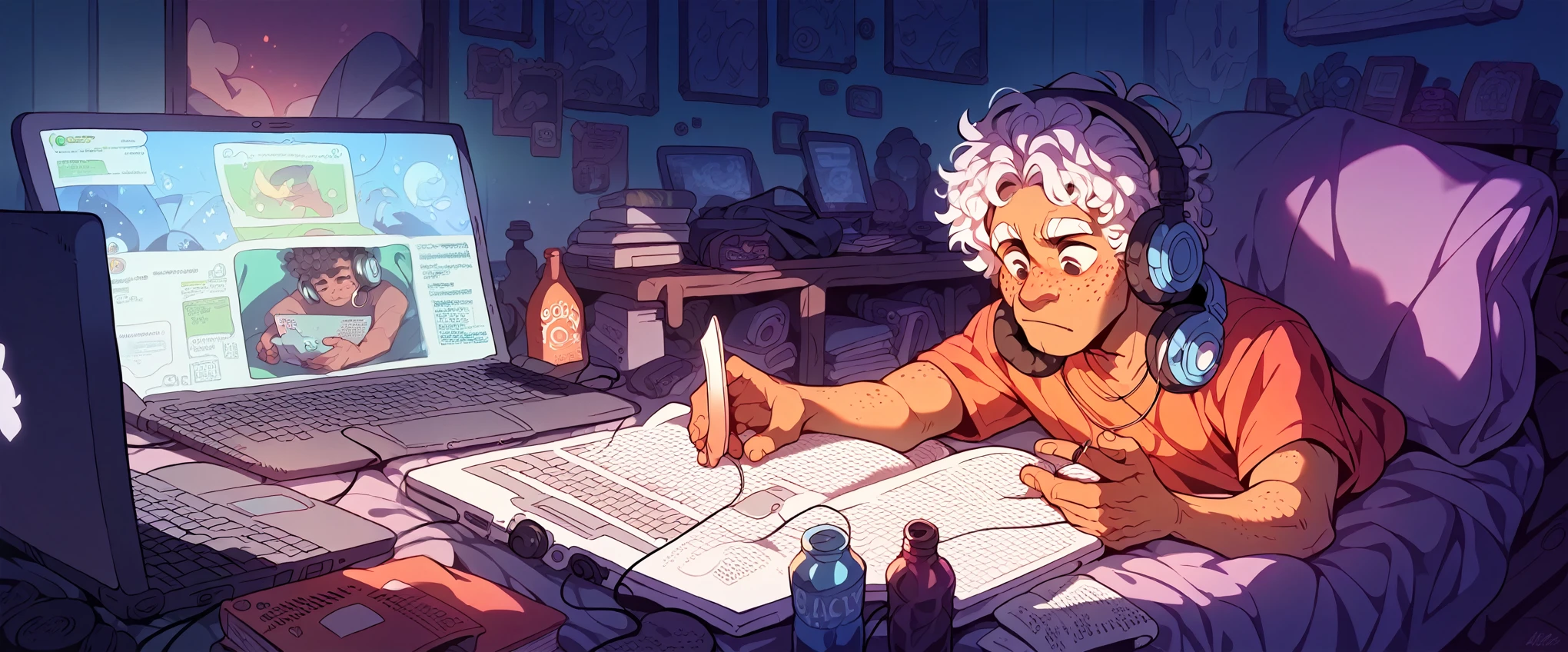 ((Boy)), ((Dark Skin)), ((Freckles on Face)), black curly hair, white streak, ((Studying)), bedroom, ((Calm)), ((Chill)), ((Headphones)), ((Laptop)), ((Monitor)), Night, Bottle, Desktop, ((Hacking)), ((Hacker)), Tech, HD, High Resolution, 4K