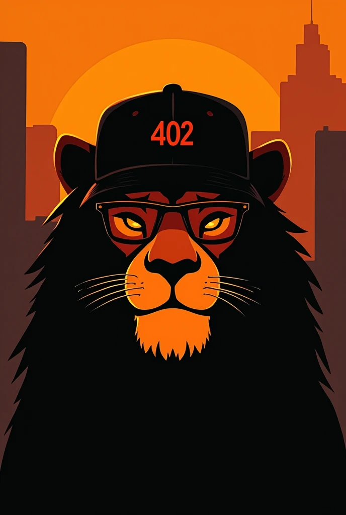 Silhouette of only the front face of an animated lion with an urban flow with completely dark square glasses and a backwards cap that transmits appetite with orange and black colors and on the cap put 402 showing only the silhouette of the face doing the action of smiling or satisfaction