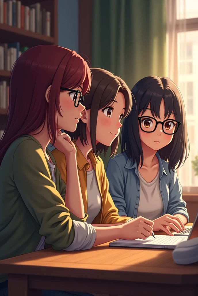 Three teenage girls, the first tall with shoulder-length wine-colored hair with glasses, the second girl with long, waist-length, dark brown hair without glasses and the third with shoulder-length black hair with glasses 