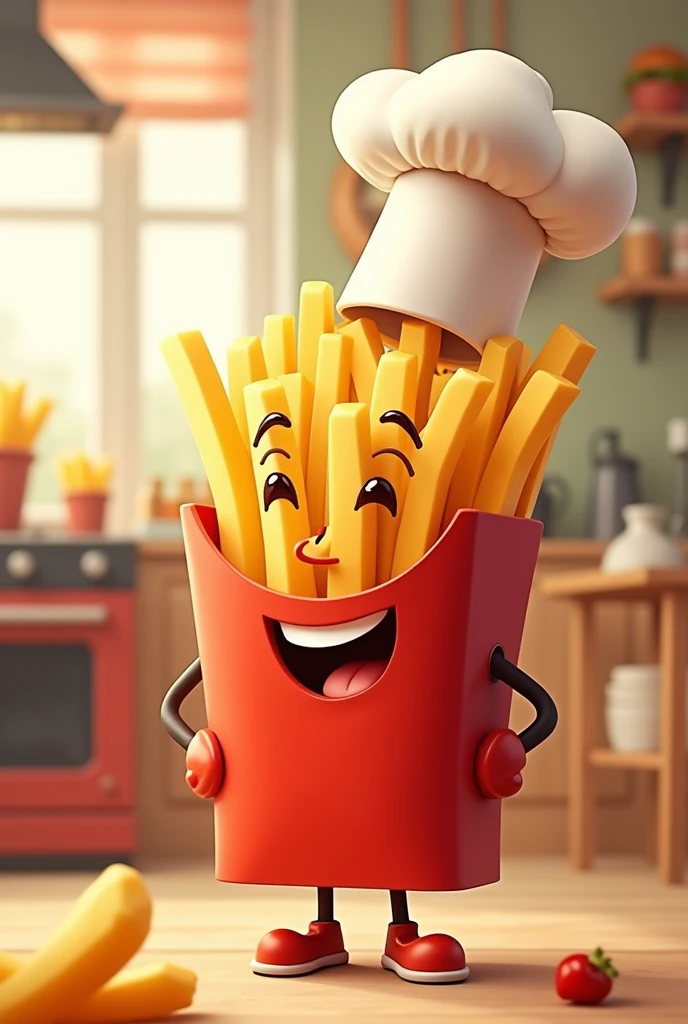 A smiling French fries with an animated chef hat