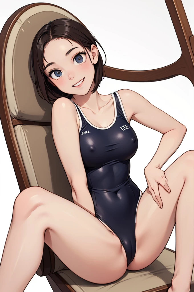 (((masterpiece, best quality, ultra highres, 1 girl, solo, white background))), super detailed skin and face and eyes and finger, cute japanese woman, small breasts, skinny, light brown hair, very short hair, knee shot, white background, 2D anime, boyish, expressionless, cartoon,  Various poses, Please draw the entire character within the frame, ensuring that the head, arms and legs are not cut off, with the character positioned centrally, smile showing teeth, nipples, female genitals visible through tight clothing, Sheer clothes, white one-piece swimsuit, sitting, spread legs,