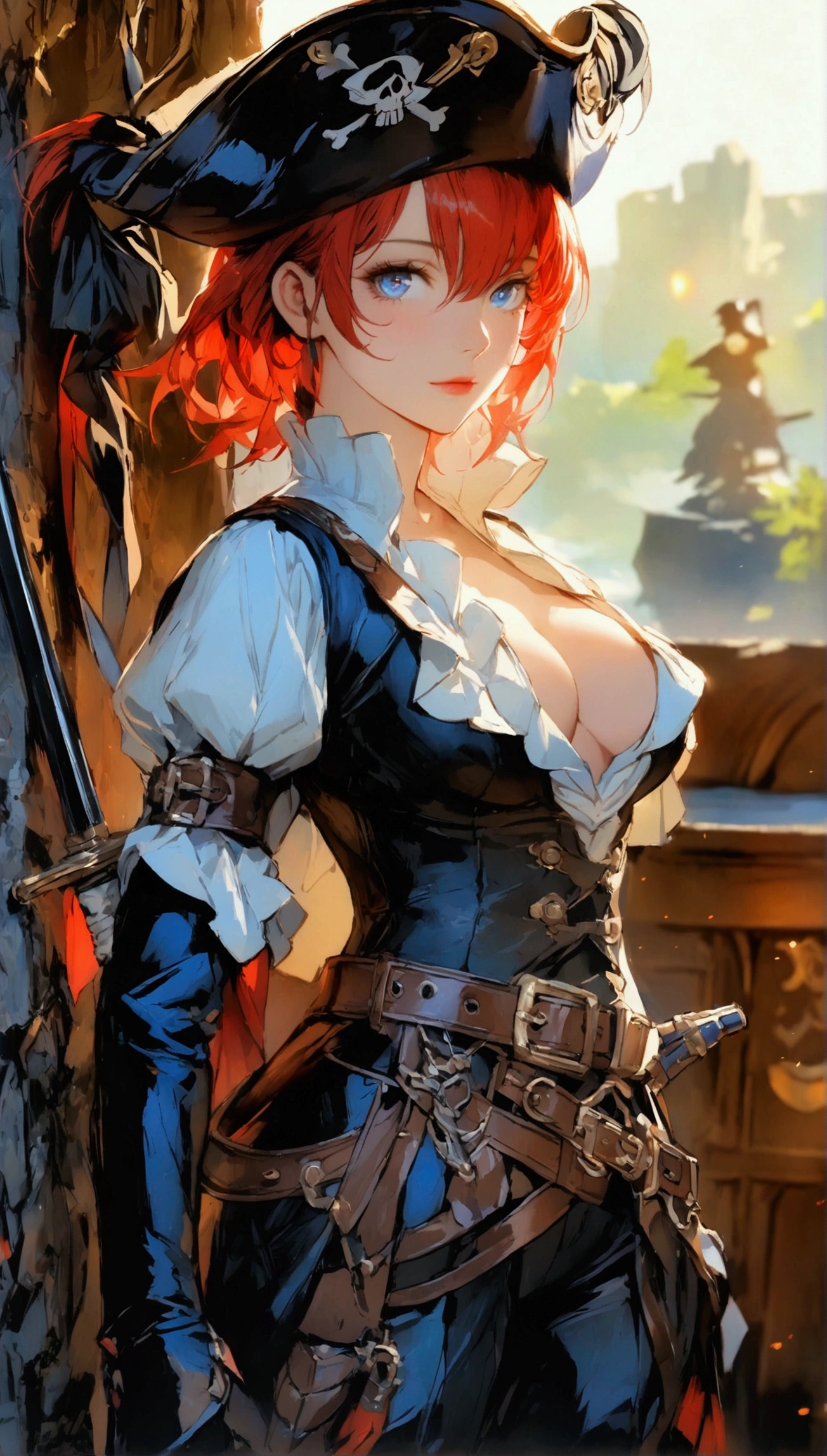 (Masterpiece. The best quality. 8K. Sharp focus. Depth of field, The best shadows. Perfect lighting. HDR. Realistic skin texture. Ultra-detailed background. Detailing, white wallpaper, pgn format). Anime style. Honkai: Star Rail. March 7. 1 girl. Fiery red hair, short hair. Azure blue eyes, beautiful eyes, beautiful eyes, expressive eyes. Beautiful nose, perfect facial features. Perfect anatomical body, slender figure, second size breasts, beautiful breasts, thin waist, rounded hips, beautiful long legs. Pirate hat, white blouse, pirate pants, Uniform cloak, shoulder straps with the Jolly Roger, knee-high boots, wide belt at the waist. Saber in the right hand. Musket in the left hand. Feet shoulder-width apart. Standing at full height. Concept art. Looking at the viewer. Full height. Full body.