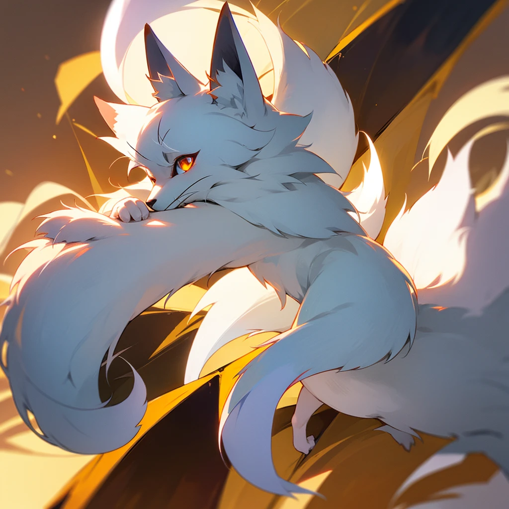 It is a small, white fox with a long tail and golden eyes.