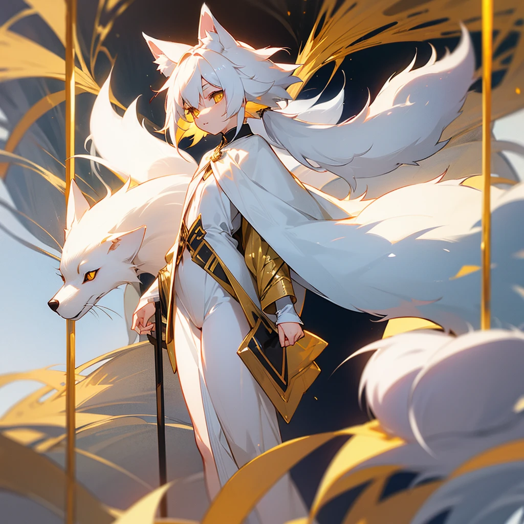 It is a small, white fox with a long tail and golden eyes.