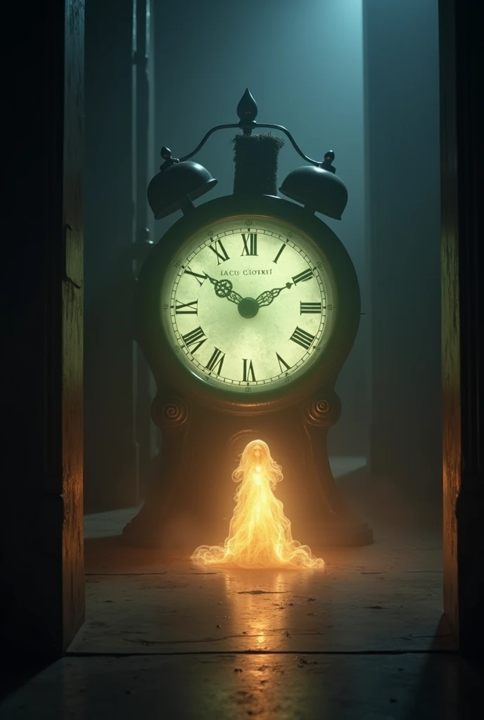 suddenly, The clock starts to glow and a small figure of light appears.)