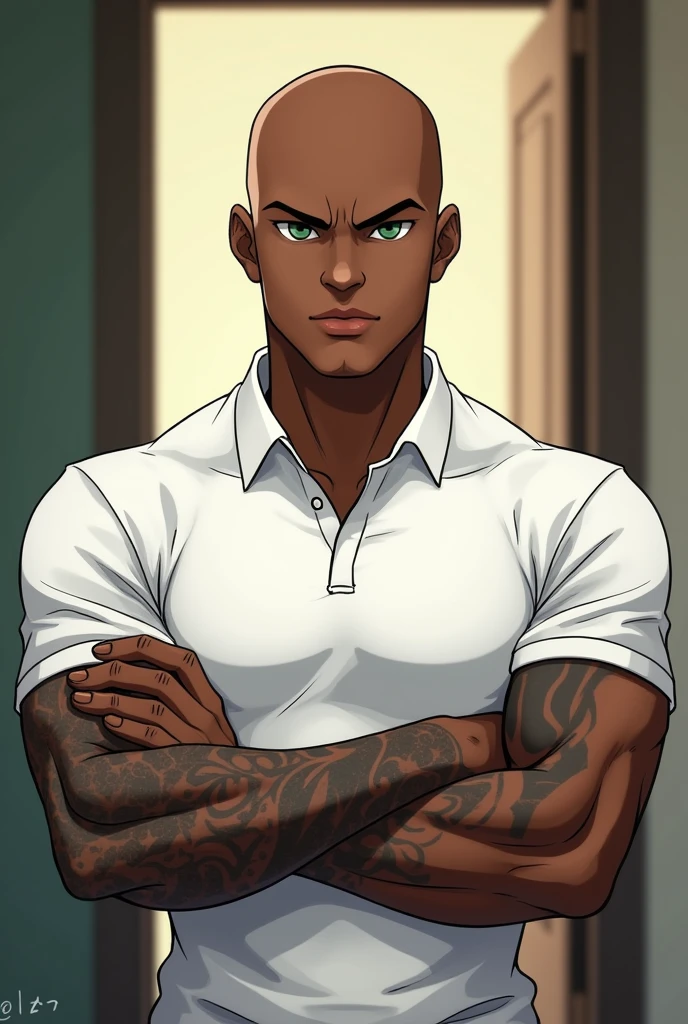 black male, sleeve-style, age 25, charismatic but serious look, little smile, very muscular, greeneyes, baldie, crossed arms, white polo shirt, image from the waist up, clean background like the entrance of an apartment, sleeve-style anime, more cheek and less smile, more muscles, tattoo on arms, evil look, crossed arms, stronger chest