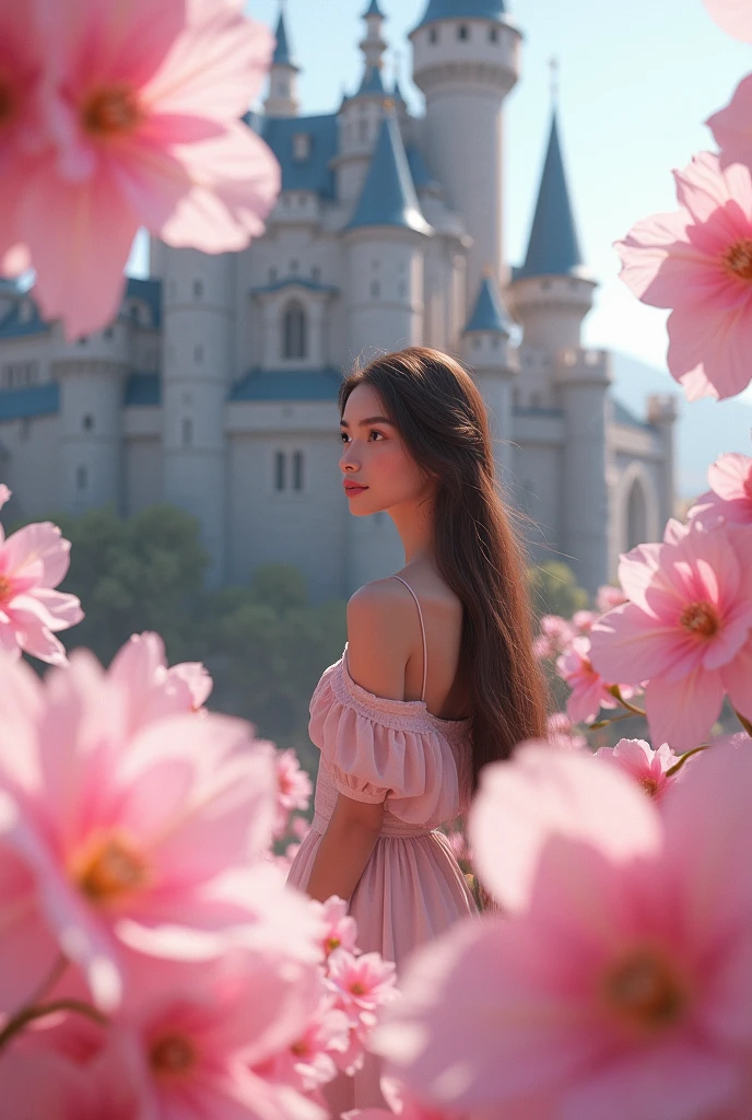 Pink flowers in front of the castle, with thin white princess with straight brown hair in front