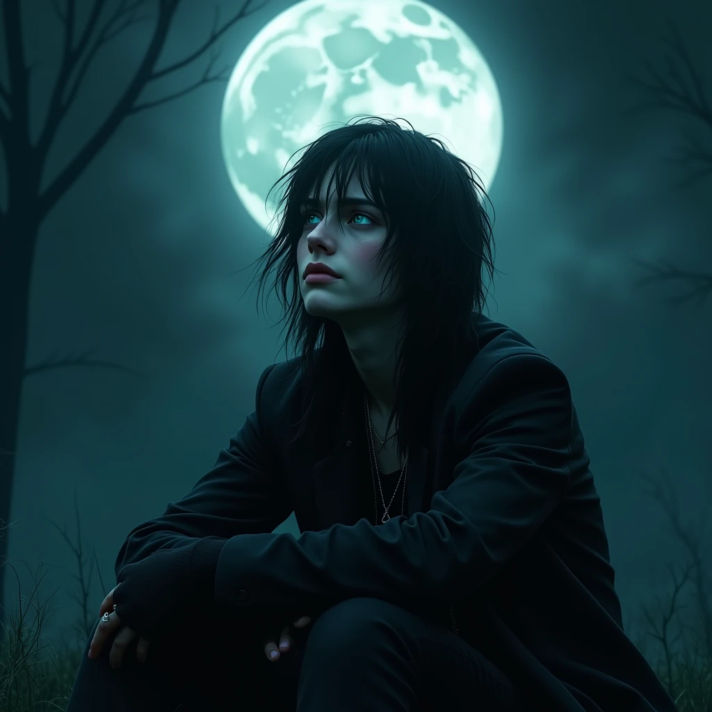 A sexy young male with black long hair, teal blue eyes with gothic clothing, sitting under the moonlight. And looking at the moon. (((Gloomy atmosphere))) ((gloomy))) (((unhappy))) (((despair))) Surreal, Insanely detailed, Detailed face, extremely detailed texture, Ultra Detail, Detailed face. Exquisite details and textures, no facial or body hair.