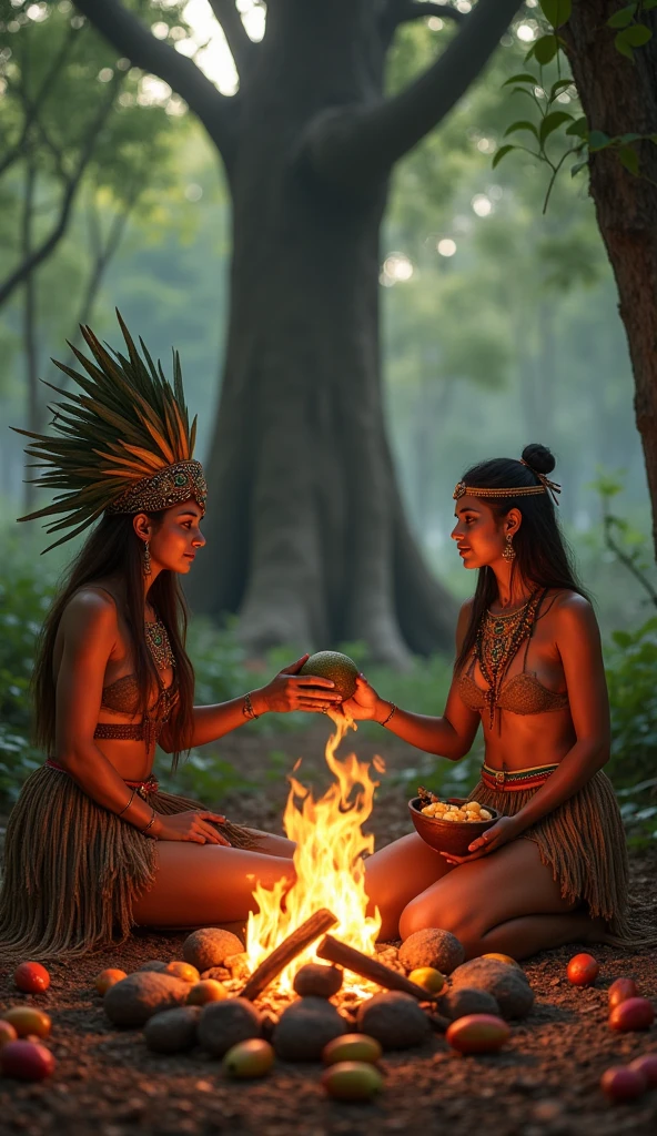 a fair-skinned woman with long straight light brown hair and another fair-skinned woman with shoulder-length wavy light brown hair, both Aztec and Mayan healers with equal importance in the ritual, in a forest around a campfire doing a cocoa ritual, one holding the cocoa fruit and the other a bowl over the fire, in the background a cocoa tree and the cocoa fruit on the ground, convey depth
