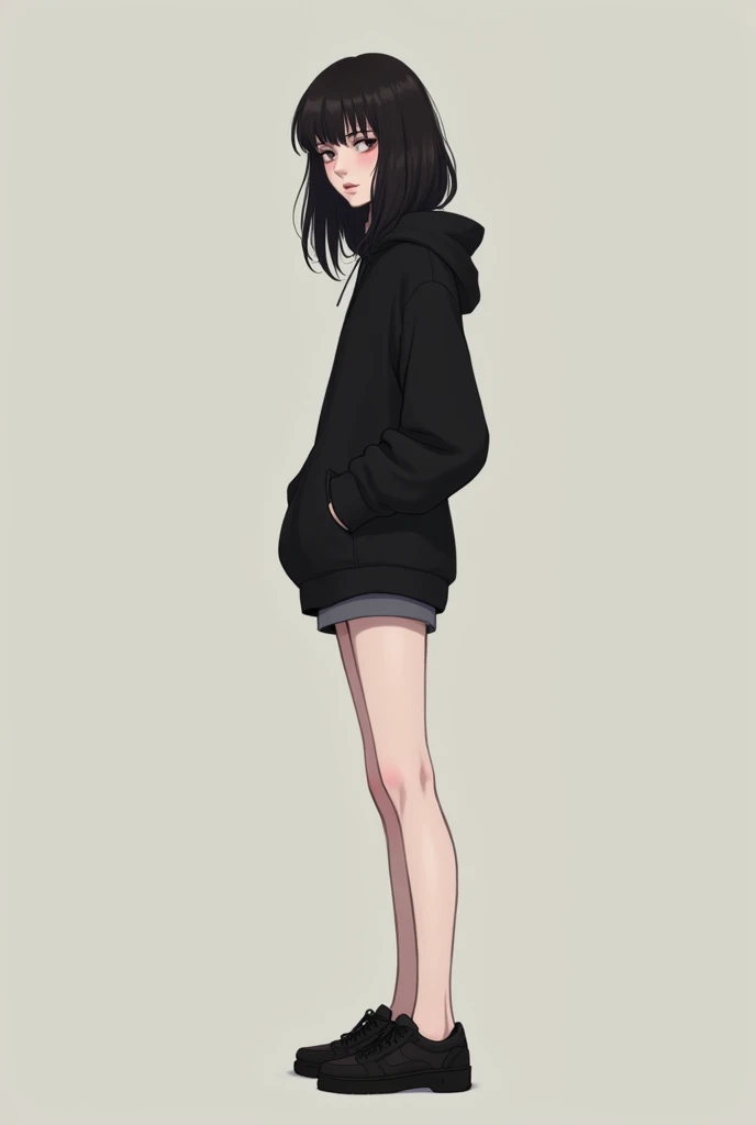 an animated drawing woman with bangs that cover her jaw and also long semi-wavy hair, perfect waist, her height 1.50 and tired eyes and a slight blush and big breasts with black clothes and a pair of shorts and black shoes with pale white skin as a profile picture to use