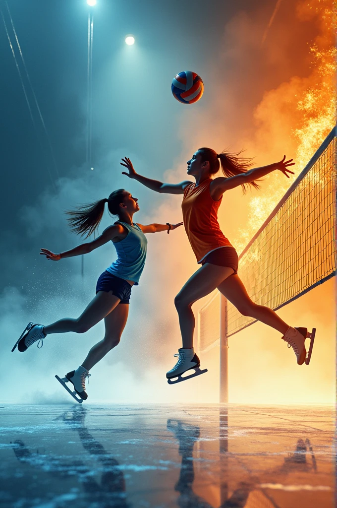 

*Title:* Points and turns

*Image:* An image that combines elements of volleyball and figure skating. For example, A photo of a girl jumping to finish a point in volleyball, while another skates in the background, creating a circle of ice surrounding the volleyball court.

*colors:*

- Fund: A gradient that goes from light blue (representing the skating rink) to deep orange (Representing the passion and energy of volleyball).
- Title: White or silver, to stand out against the background.

*Additional Elements:*

- A volleyball and a figure skater intertwined, symbolizing the union of the two protagonists and their passions.
- A subtitle that captures the essence of the story, as "A love that goes beyond the court and the track