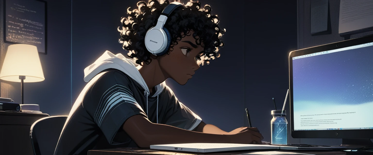 ((Boy)), ((Dark Skin)), ((Freckles on Face)), black curly hair, white streak, ((Studying)), bedroom, ((Calm)), ((Chill)), ((Headphones)), ((Laptop)), ((Monitor)), Night, Bottle, Desktop, ((Hacking)), ((Hacker)), Tech, HD, High Resolution, 4K
