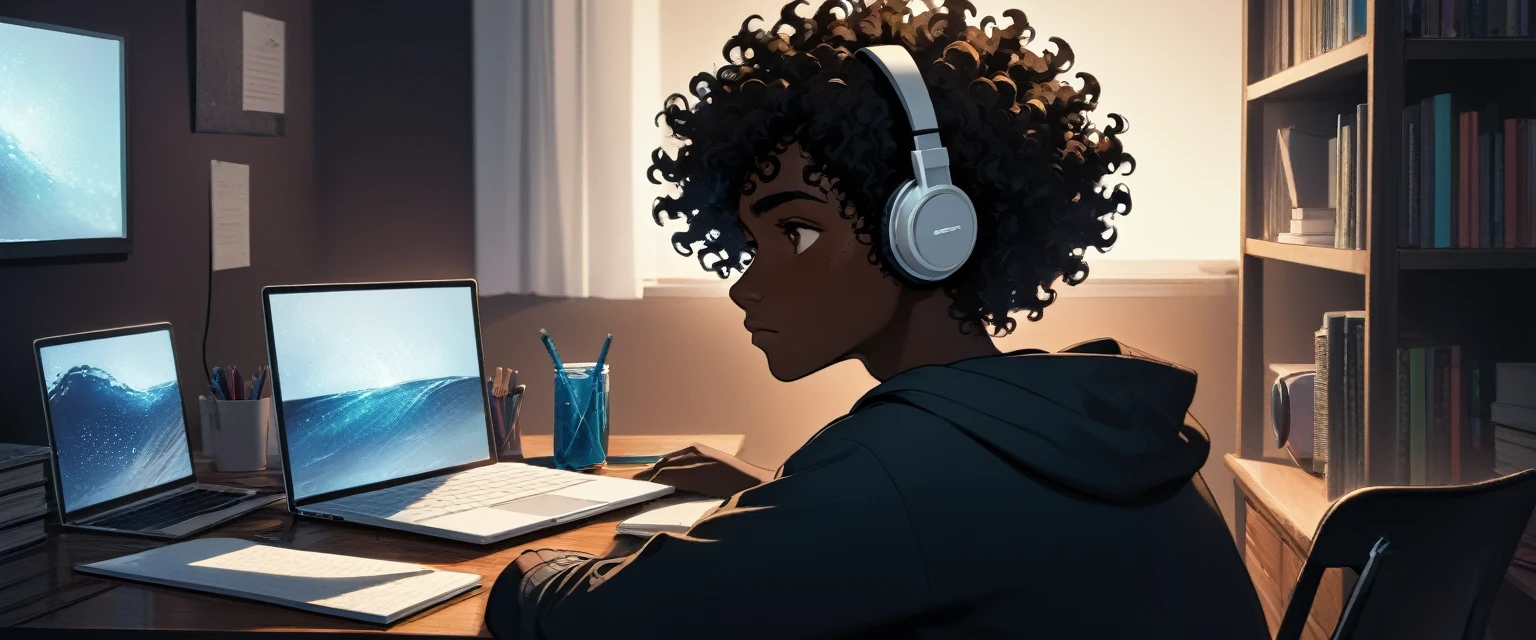 ((Boy)), ((Dark Skin)), ((Freckles on Face)), black curly hair, white streak, ((Studying)), bedroom, ((Calm)), ((Chill)), ((Headphones)), ((Laptop)), ((Monitor)), Night, Bottle, Desktop, ((Hacking)), ((Hacker)), Tech, HD, High Resolution, 4K