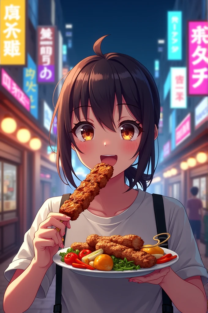 Anime character eating skewers