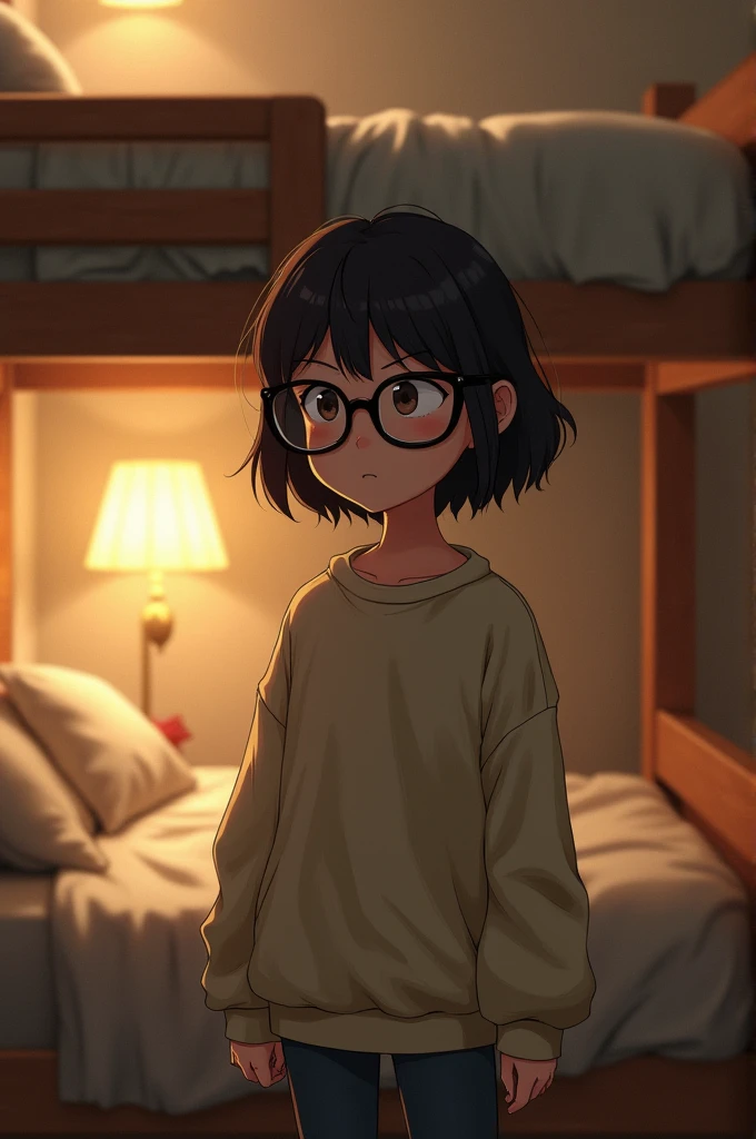 Girl with glasses and a sweatshirt in front of a bunk bed with a broken top
