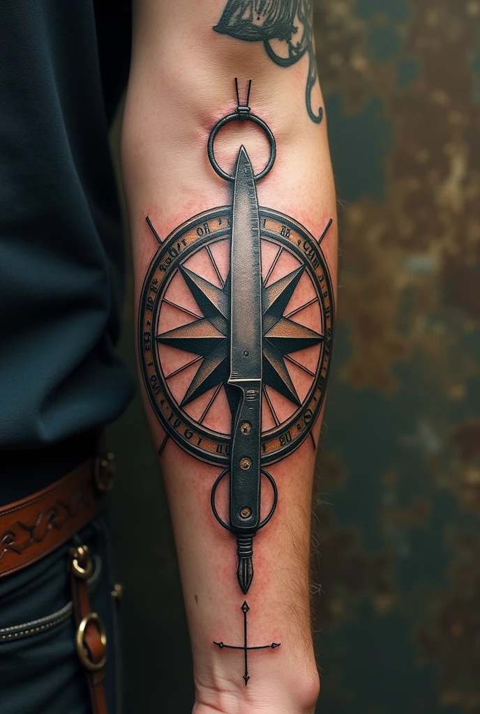 Create a tattoo where there is an alchemist with a compass and inside the compass a professional kitchen knife. For the forearm