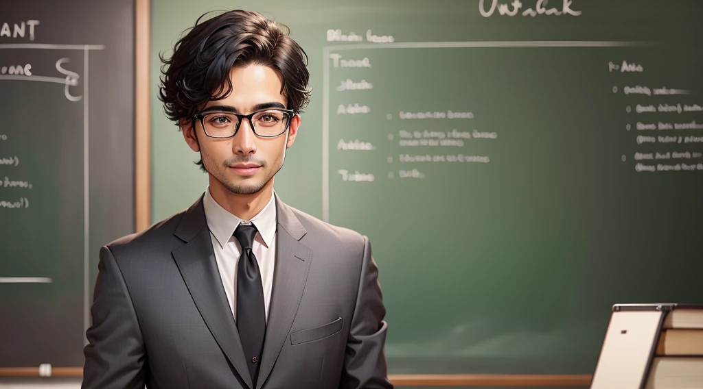 Black haired teacher, with some gray features, Suit, tie and glasses, with a blackboard in the background