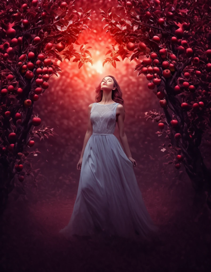 4k ultrarealistic, high detail photo of a woman, in a mysterious heavenly enviroment with red apple trees, ambient lighting, 5GPstyle 