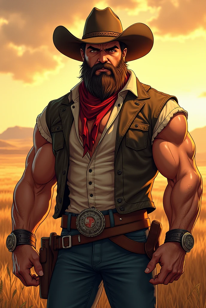 Anime male. Muscular. Beard. Cowboy. Cowboy hat. Country man. Southern man