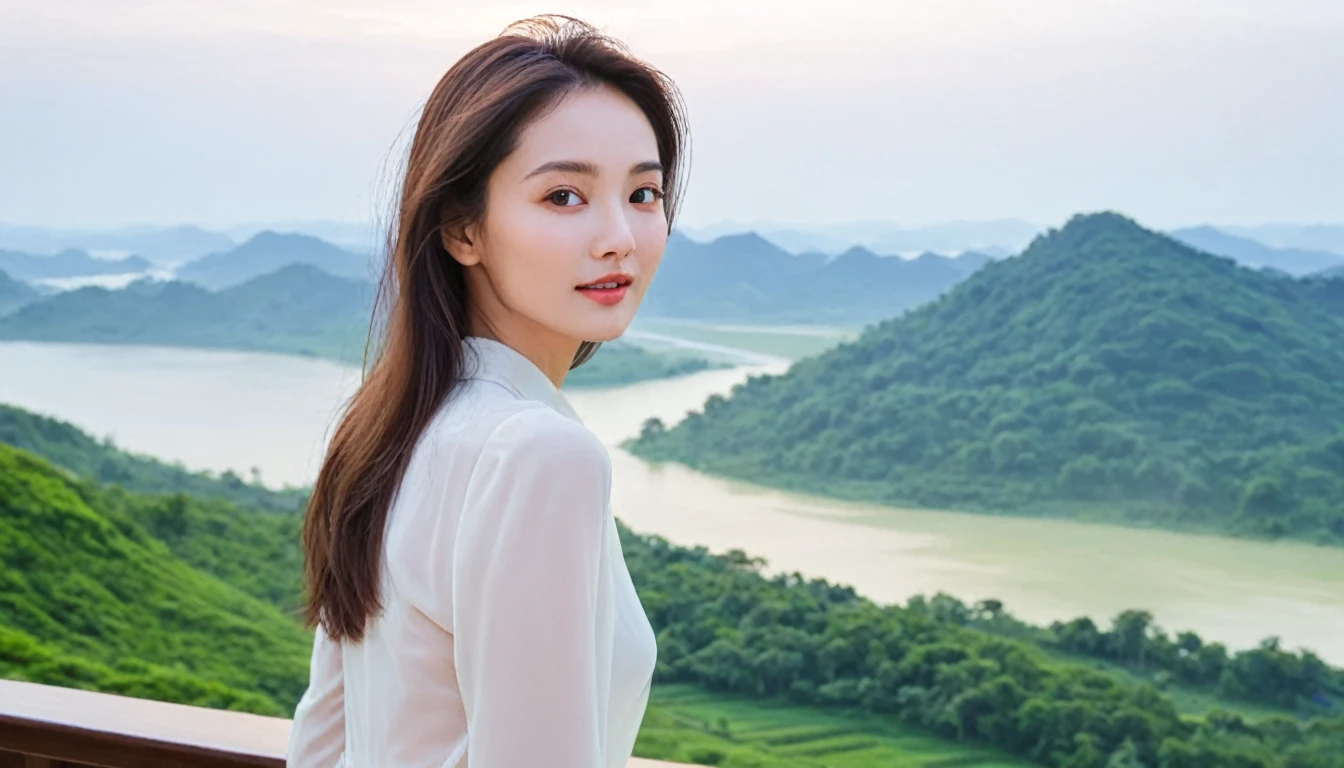 A beautiful woman with a beautiful view and a slender, lovable aura
