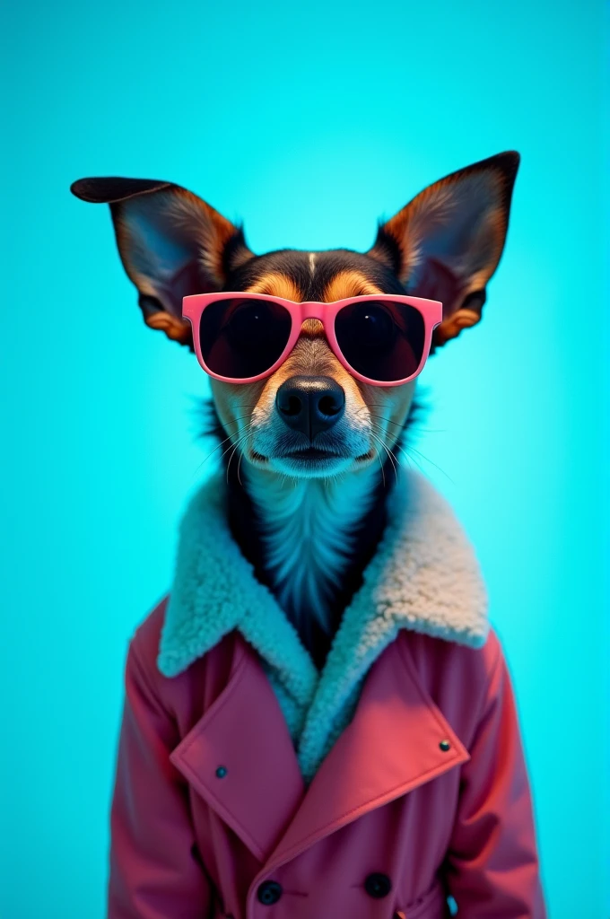 The best cell phone wallpaper, Award-Winning Wallpaper, portrait photography, In the front view is a portrait of a cute dog wearing mid-1960s space age fashion, Side view photo, Shot with Canon EOS R5, Set a strong contrast that accentuates the subject, Fluorescent blue tone, Wearing a very modern coat and sunglasses is a modern 1960s style, Clothes all in one color, beautiful background
