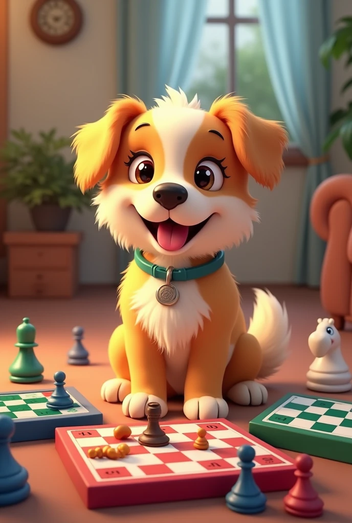 Cute dog with board games in animated version