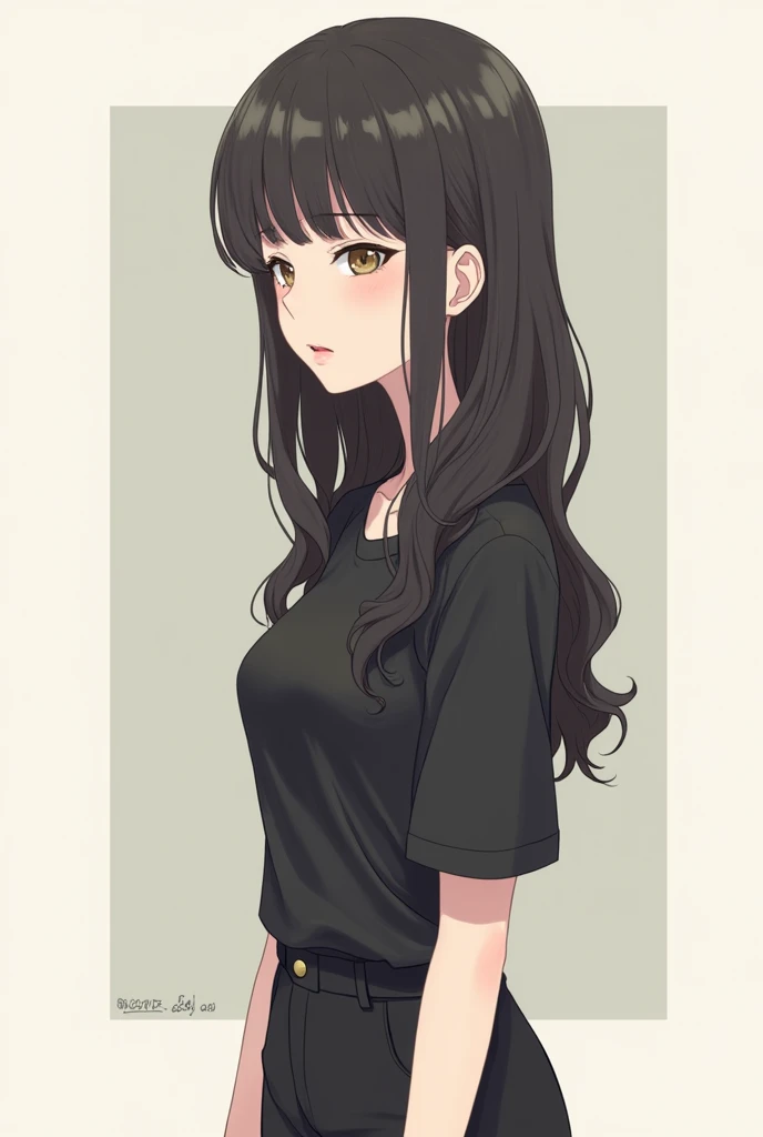 an animated drawing woman with bangs that cover her jaw and also long semi-wavy hair, perfect waist, her height 1.50 and tired eyes and a slight blush and big breasts with black clothes and a pair of shorts and black shoes with pale white skin as a profile picture to use