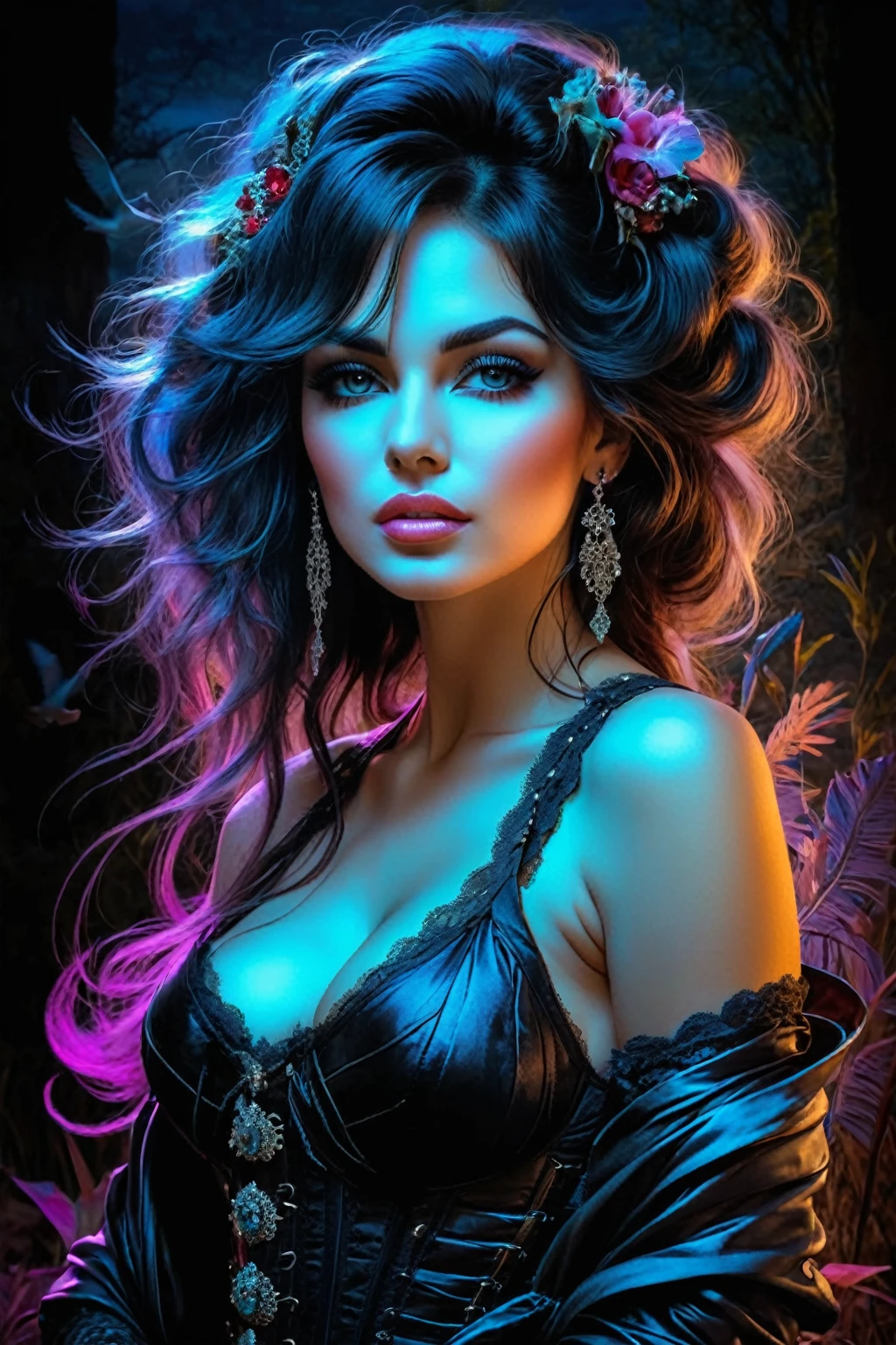 A beautiful busty woman in close-up, in a lace corset against the background of a savannah with a lake, full of wildlife with ancient predators and birds, in jewelry with rubies, organized, chic, (((((((((( improved aesthetics))))), in Ben Boshau&#39;s style, Mikhail Garmash, Daniel F.. Gerhartz, Clint Shirley, Karn Griffiths, Jean Baptiste Monge, the best result in the field of view, the best result in the area of a very beautiful face, Gothic tones, Divine Presence, cinematic quality, Focus Clear, studio photography, work of art, 30 years old, diamond face, starry sky background, Depth of field, with royal clothes ((viking Celta)) with real hair braided with feathers, High definition art, piercing, Green gentle eyes, well defined face, Mountains in Midgard detailed and sand in the background, night with glowing sand particles illuminating the scene, style artgerm, 32 mil, ultra HD, unreal mechanism rendered, hyper-realistic image, camara canon r6 objetivo 100mm 2.8f portrait